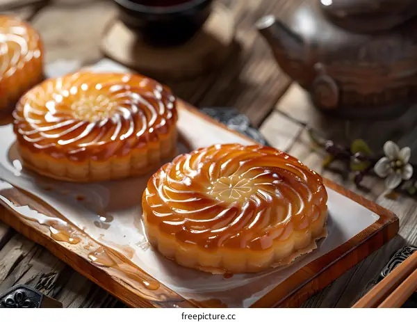 Sweet Pastry Dessert on Wooden Plate with Teapot