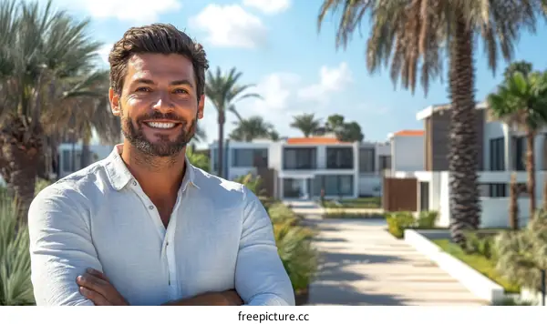 Smiling Caucasian Man in front of Modern Houses