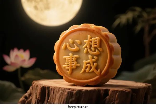 Mooncake with 'May All Your Wishes Come True' Inscription Under Full Moon