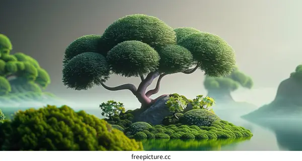 Surreal landscape with a large tree in the center