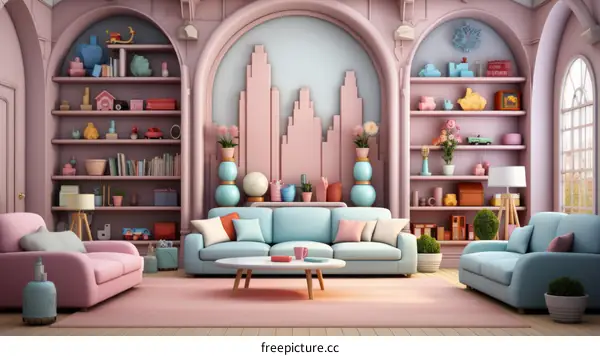 A Dreamy Pink and Blue Living Room with Plush Seating