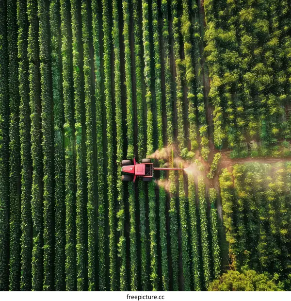Tractor spraying pesticides on soy field