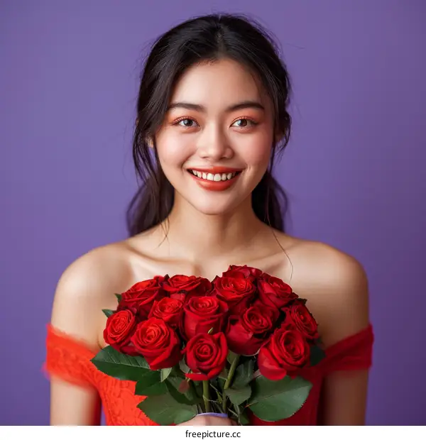 Portrait of a smiling young Asian woman holding a bouquet of red roses