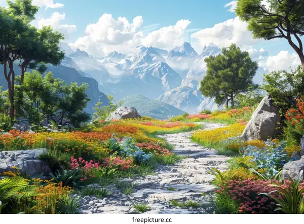 Colorful Dreamlike Fantasy Flowers Surrounded by Mountains
