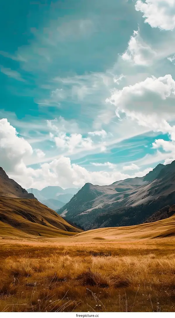 Picturesque Mountain Valley with Lush Green Grass and Blue Sky with White Clouds