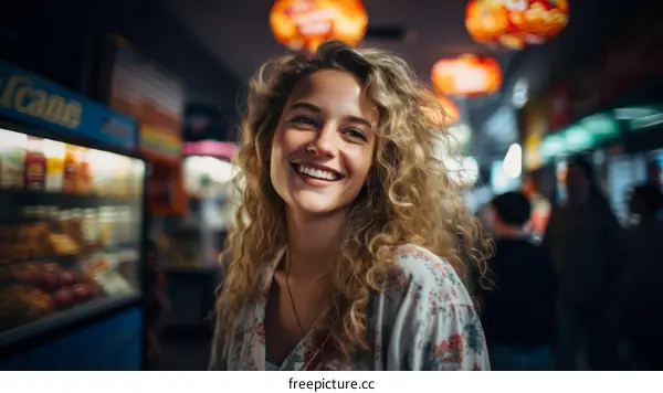 Portrait of a young blonde woman smiling in a brightly lit indoor setting