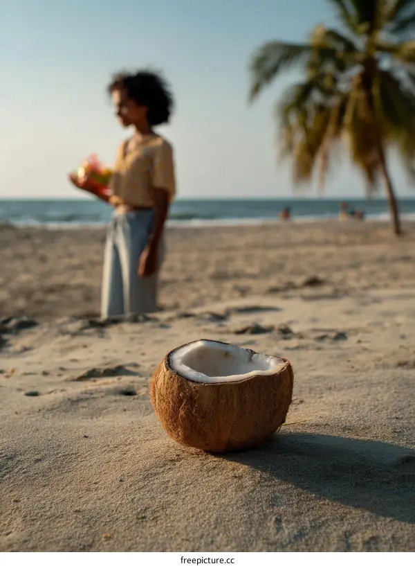 Woman on Beach with Coconut Fruit
