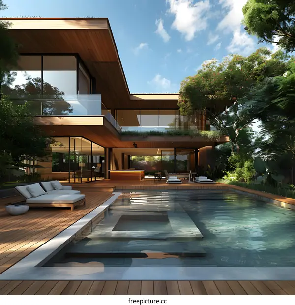 Modern House with Swimming Pool and Lush Greenery