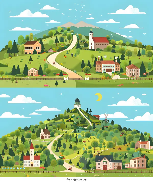 Beautiful  European Village Illustration With Green Trees and Buildings