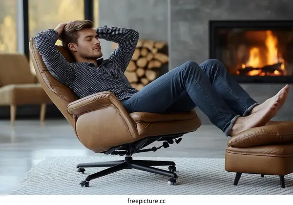Man Relaxing in Leather Recliner Chair by Fireplace
