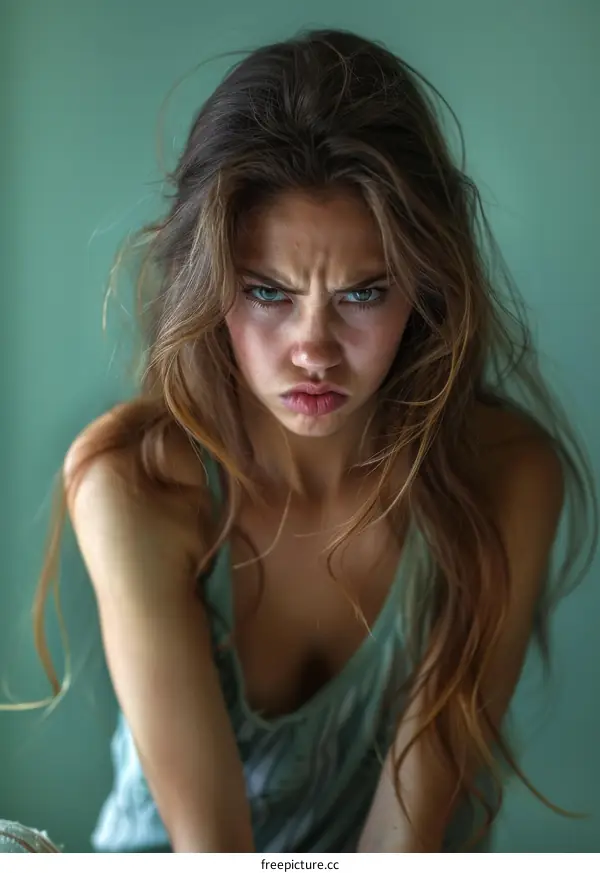 Close-up Portrait of a Caucasian Woman with an Angry Expression