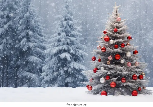 A beautiful snowy Christmas tree stands in a snowy forest