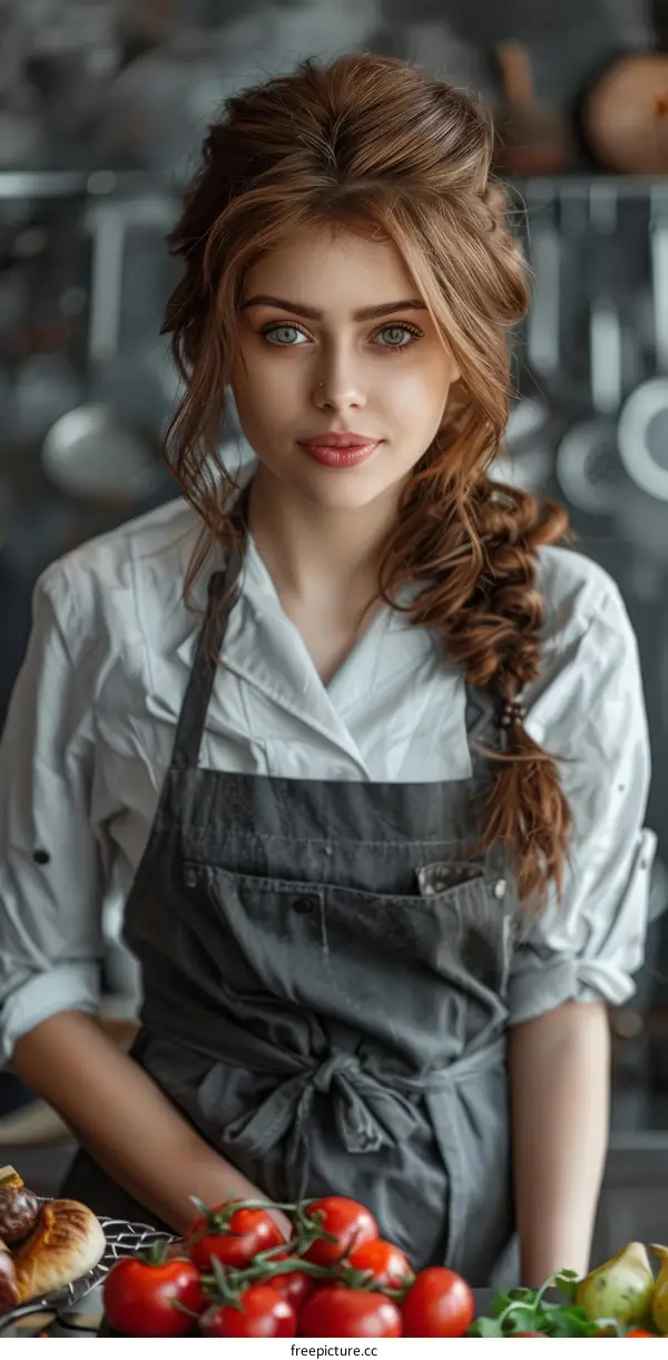 Portrait of a beautiful young woman chef in the kitchen
