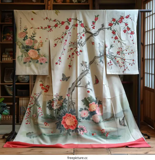 A kimono with a pattern of cherry blossoms and birds