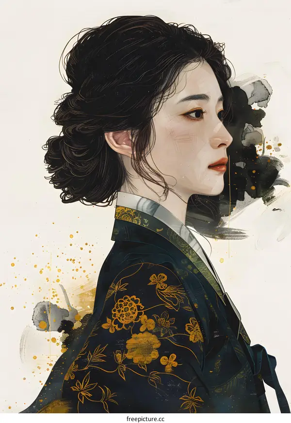 A digital painting of a young woman in a traditional Korean hanbok dress with gold and black patterns