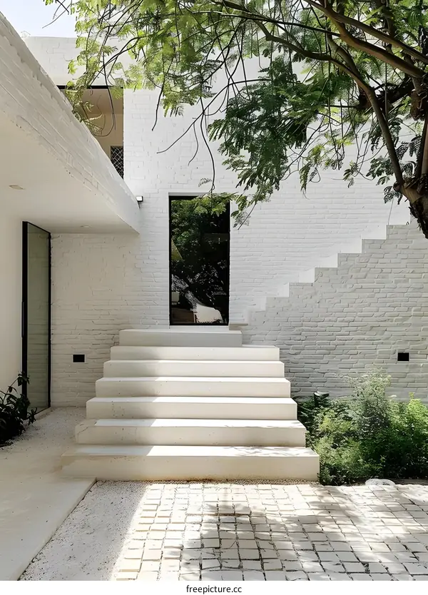 Minimalist White Brick House Exterior with Stairs and Greenery