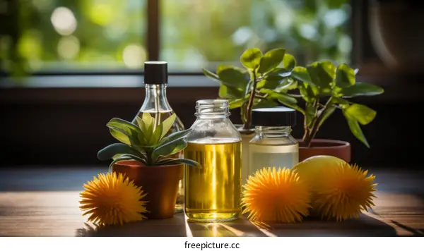 Still life of essential oil and plants