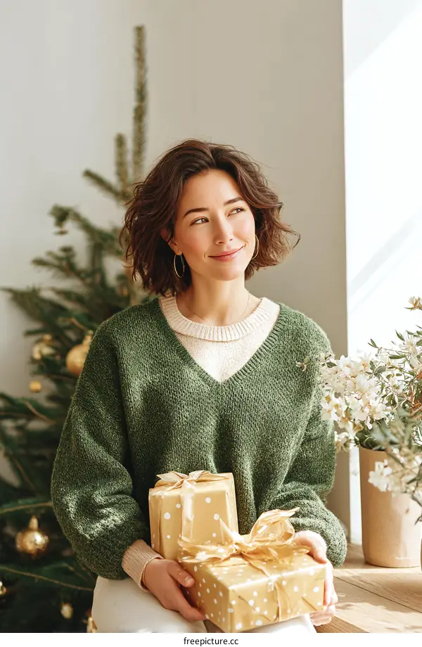Woman Holding Christmas Gifts by the Window