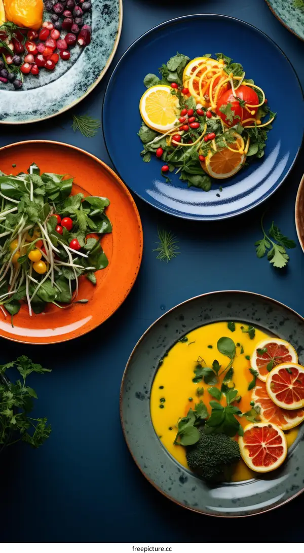 Colorful Salad and Soup with Oranges and Pomegranate
