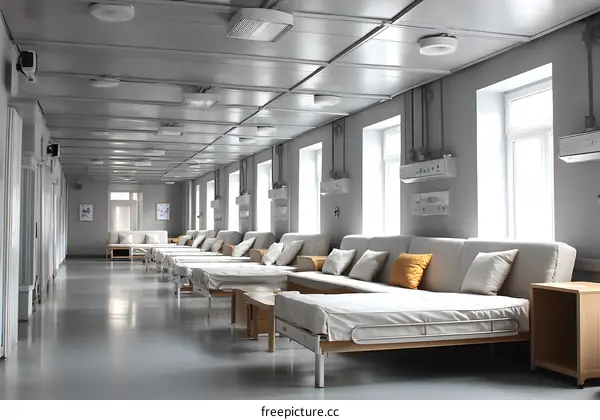 Hospital Corridor with Beds and Modern Furnishings