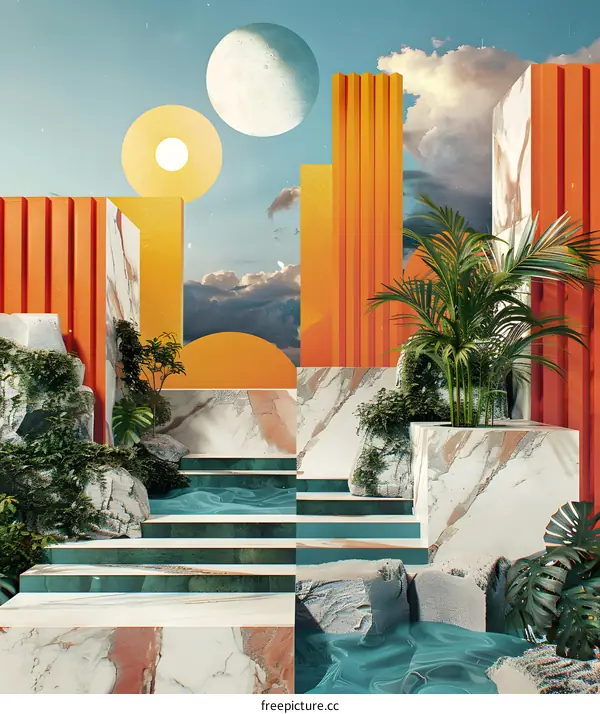 Abstract Surrealist Illustration With Water, Stones and Plants