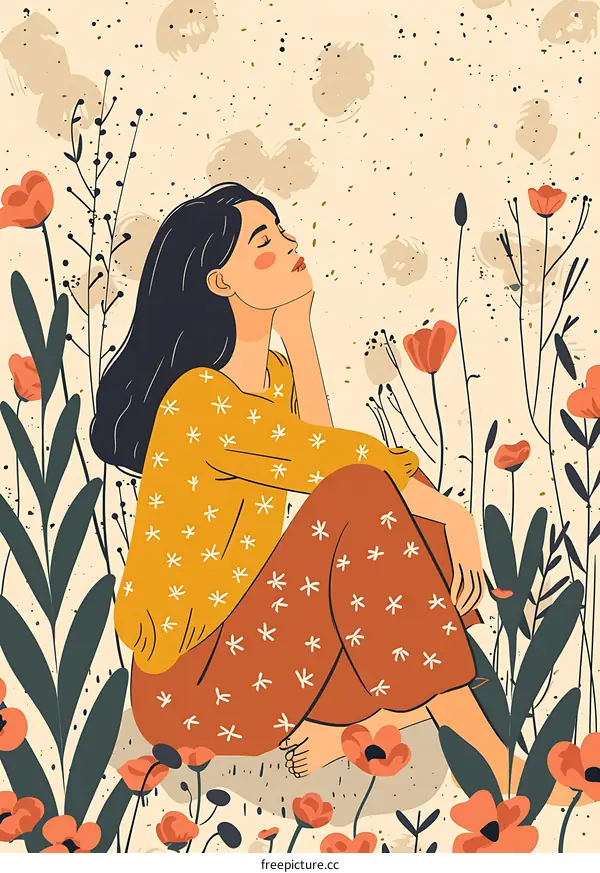 Woman Sitting in a Field of Flowers with Her Eyes Closed