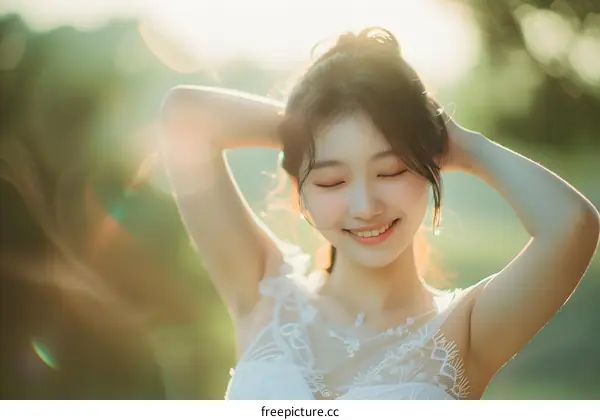 A smiling woman in a white dress is posing with her eyes closed.