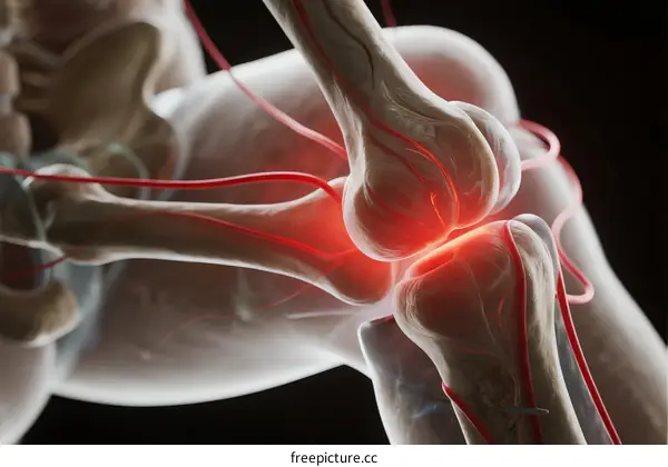 3D Illustration of Human Knee Joint with Red Blood Vessels