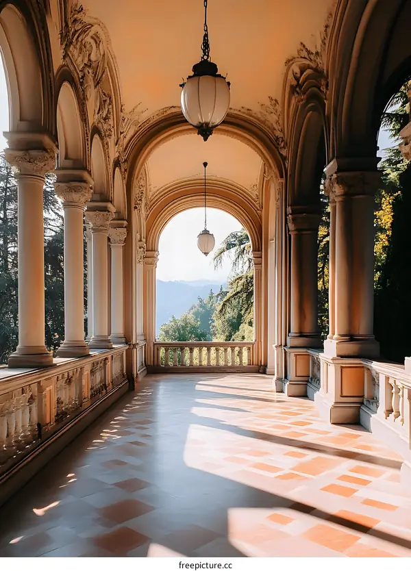 Arched Balcony With View Of Mountains And Trees