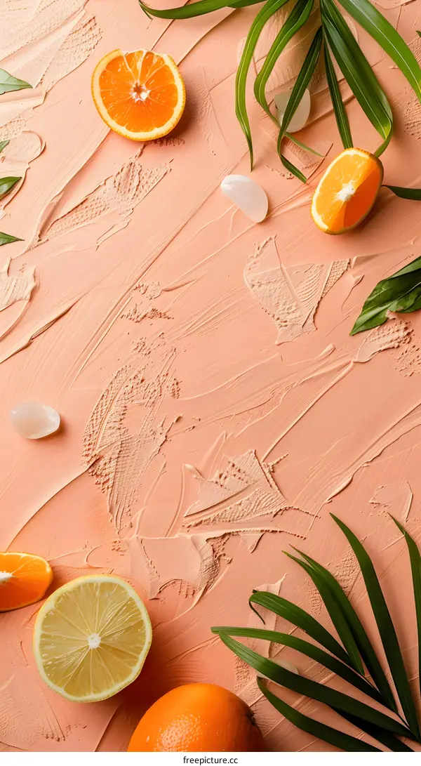 Orange Slices and Palm Leaves on Peach Background