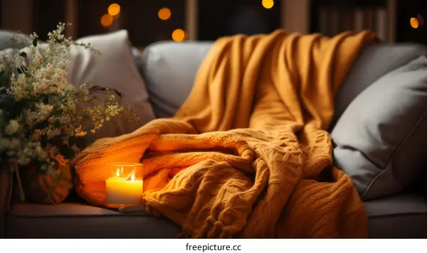 A cozy living room with a candle and a blanket