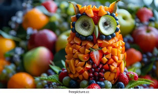 Fruit Owl Made of Kiwi, Blueberries, Strawberries, and Other Assortment of Fruits
