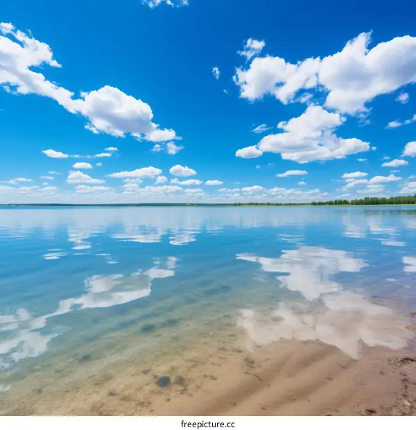 Blue sky and white clouds reflecting in the lake
