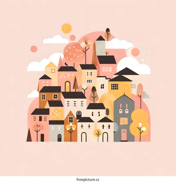 Colorful Illustration of a Small Town with Houses and Trees