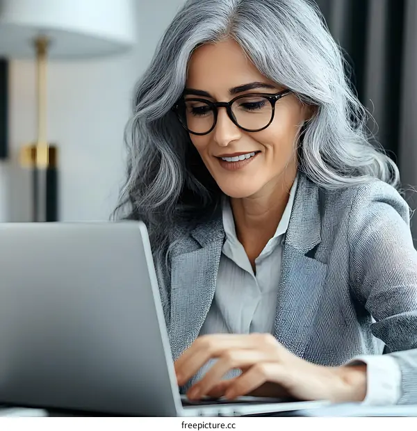 Smiling Business Woman Working on Laptop Computer