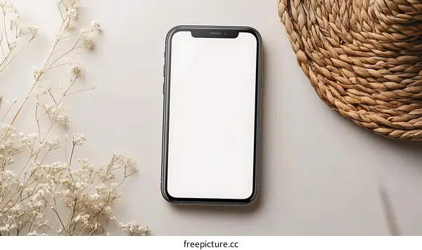 White Background Mockup With Smartphone and Dried Flowers