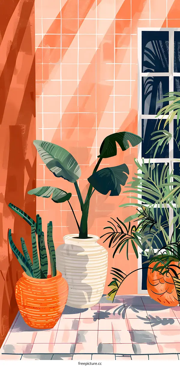 Tropical Plants and Patio Tiles Illustration