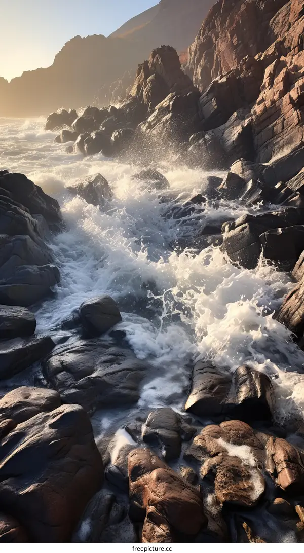 Huge waves crashing against the rocky coast creating a beautiful scene