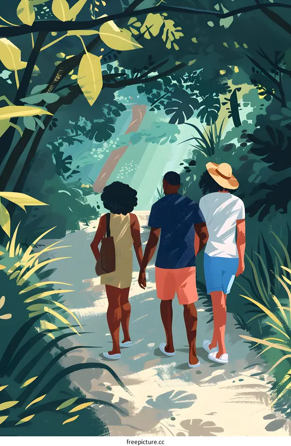Family Walking Through Lush Green Jungle