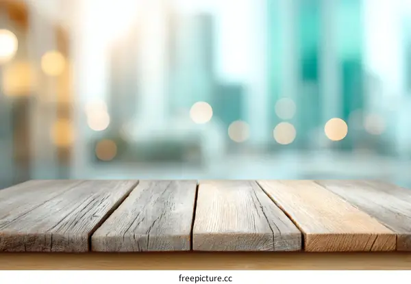 Wooden Tabletop with Blurry Cityscape Background