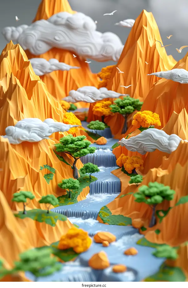 Stylized Mountain River Landscape