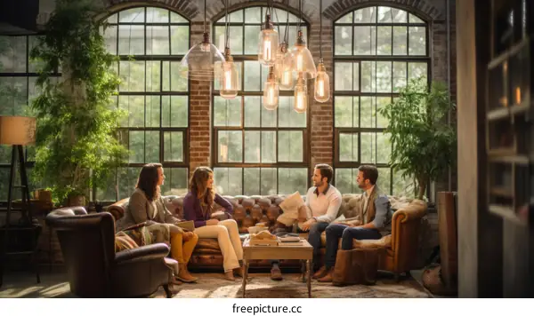 Four people in a room talking