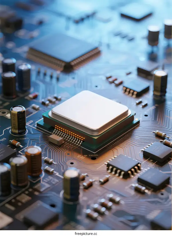 Close-up view of a central processing unit on printed circuit board