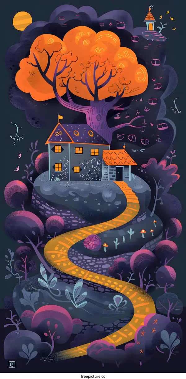 Artistic Illustration of a Winding Path Leading to a House on a Hill