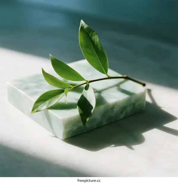 Green Leaf on a Natural Stone Bar of Soap