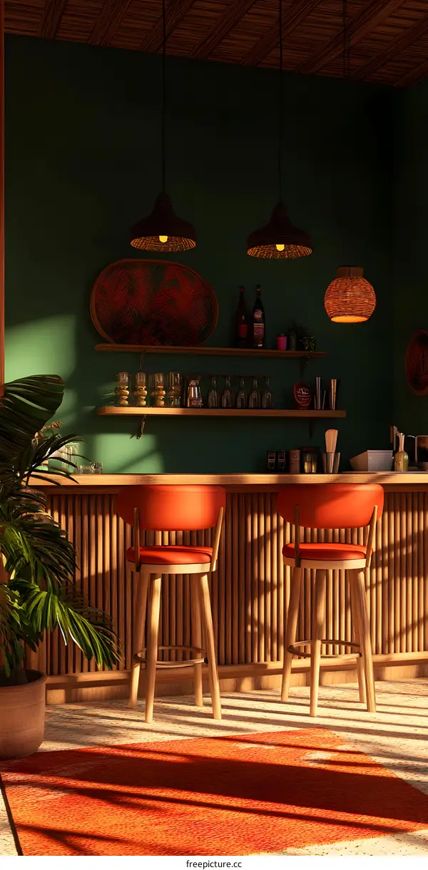 Green Wall Bar Interior With Rattan Pendant Lights and Orange Bar Stools
