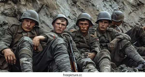 Five soldiers in a trench during World War II
