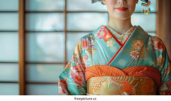 A Japanese woman wearing a kimono is standing in a traditional Japanese room.