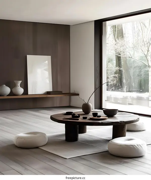 Minimalist Japanese Style Interior Design With Wooden Table and Cushions