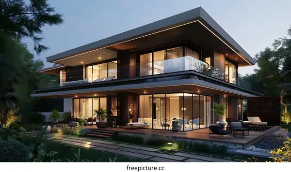 Modern House Exterior Design with Glass Walls and Wooden Deck